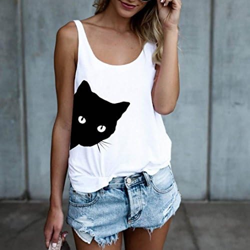 iYBUIA Fashion Women Cat Print Casual Tank Top Блуза Без Ръкави, С Кръгло деколте Тениска