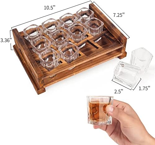 BARGIFTS 12 Shot Glass Server Square Shot Glasses Set with Rustic Burnt Wood Serving Tray,Crystal Shot Glass for Party