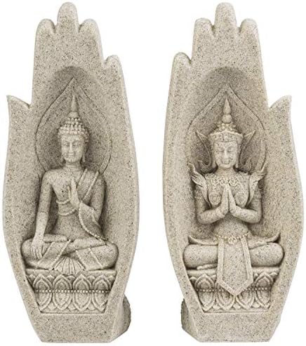 MyGift Смола Дзен Буда Ръчно Скулптура с 2 Художествени Мирни Статуи на Буда, Представляващи в Дланите, 1 чифт