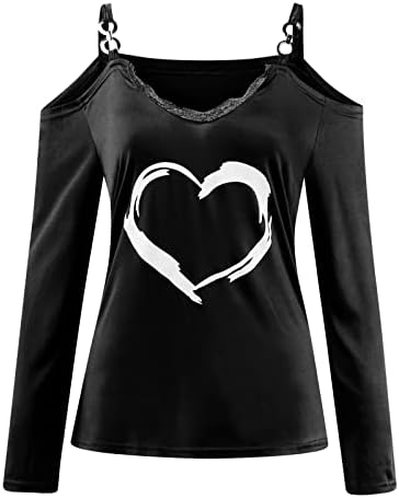 Cold Shoulder Long Sleeve Върховете for Women Valentine ' s Day Shirt Love Heart Graphic Tees V-Образно деколте Твърди,