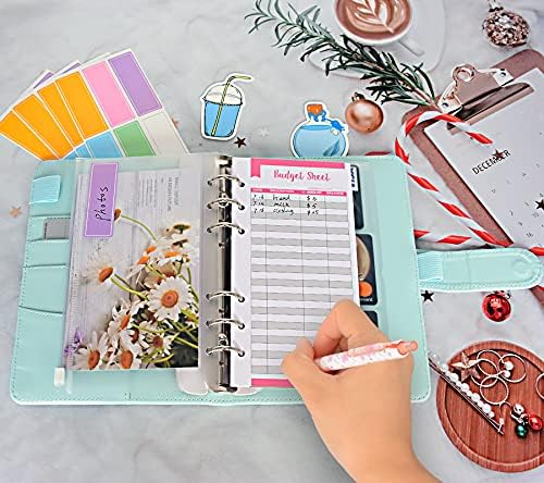 Gondiane A6 ПУ Leather Budget Биндер Cover with 12PCS Expense Budget Sheet, 10PCS Биндер Pockets, 2PCS Card Bag and 30PCS Colorful Self-Adhesive Labels for Cash Filling and Budget Planner (Blue)