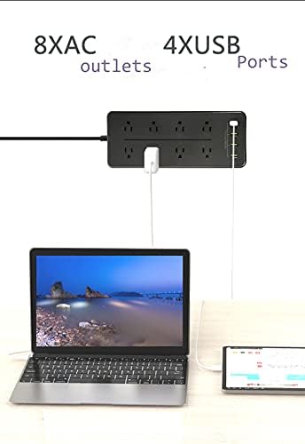 Power Strip,Мрежов филтър с 8 Розетки на променлив ток и 4 USB порта 3.1 A, удължителен кабел с дължина от 6 фута за дома,офиса,