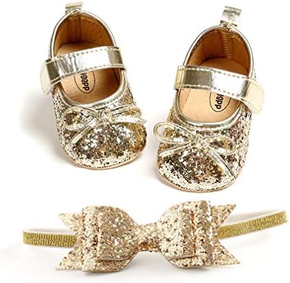 OAISNIT Baby Girl Mary Jane Flats Блестящи Soft Бебе Princess Dress Бебешко Кошче Обувки с лента за глава