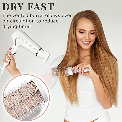 Round Brush Set for Women - Luxury Hair Brushes - Blowout Round Barrel Hairbrush for Blow Drying with Tail Comb by Лили England (White & Rose Gold)