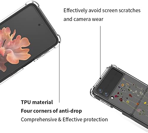 Burmcey е Съвместим с Samsung Galaxy Z Flip 3 Case Clear Colorful Small Цветя Slim Four Corner Airbags Shock-Absorbing