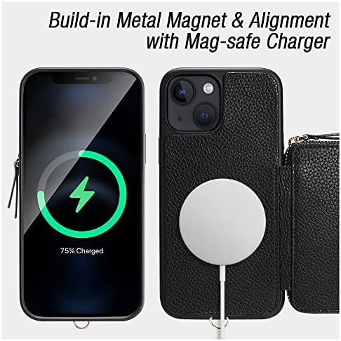ZVE Портфейла Case е Съвместим с iPhone 13 6.1-инчов, Magsafe Zipper Leather RFID Card Holder Slots Case with Magnetic Wireless Charging, Защитен калъф за iPhone 13 6.1 (2021) - черен