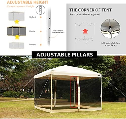 VIVOHOME 210D Oxford Outdoor Лесно Pop Up Навес Screen Party Tent with Mesh Side Walls Beige 10 x 10 метра