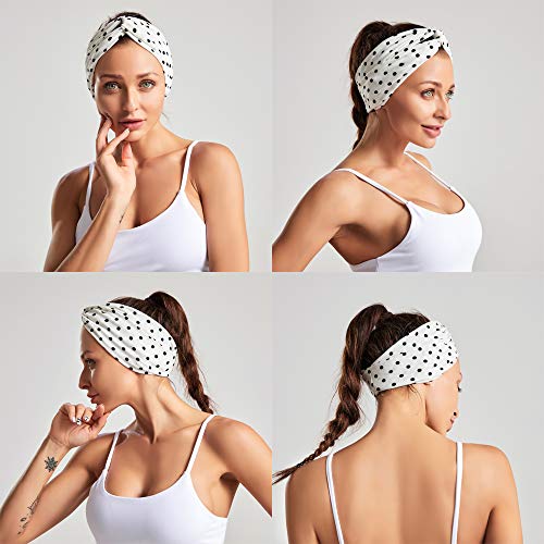 Boho Stretch Headbands Set for Women, Бохемска Еластични Headbands Wrap Wide Dots Floral Print Thick Cloth Criss Cross Knotted Twisted Hair Bands Headwrap, Момичета Outdoor Beach Сладко Adjustable Hairbands Accessories Twinfree - 5 Pack