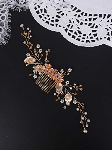 YERTTER Gold Leaf Flower Hair Comb Bridal Vintage Pearl Beads Headpiece Women Hair Comb Bridal Hair Comb Wedding Hair