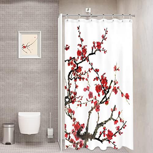 Homewelle Червен Цвят Cherry Plum Shower Curtain Small Срив Half 36Wx72H Inch Watercolor Floral Traditional Weeping Flower