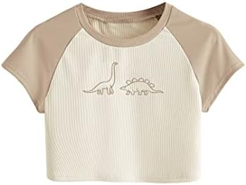 Remidoo Дамски Ежедневни Тениска с Къс ръкав Angel Print Rib Knit Crop Top