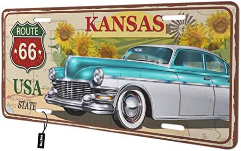 Beabes Kansas Route 66 USA State Предния Капак Регистрационен номер,Синьо и Бяло Ретро Автомобил Слънчогледи Декоративни