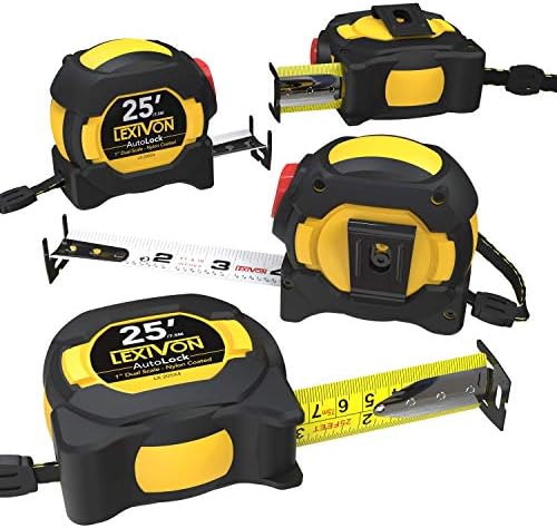 LEXIVON [4 Pack] 25Ft/7.5 m AutoLock Tape Measure | 1-Inch Wide Blade with Nylon Coating, Matte Finish White & Yellow