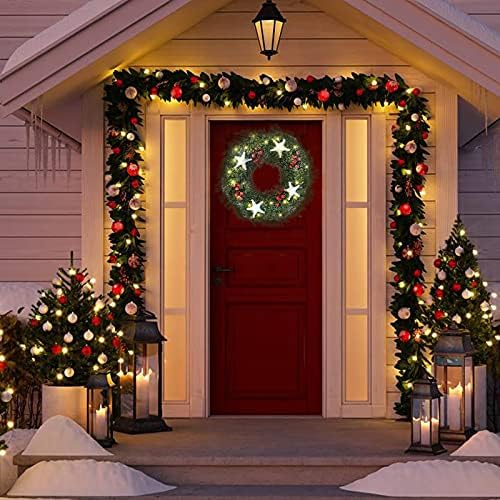 ANGELEMM Предварително осветени Коледни Венци на Входните Врати ,Вградена Кука, Работещ на Батерии Коледен Венец Декоративен