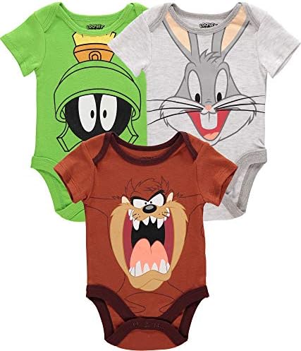 Looney Tunes Baby Boys Боди с къс ръкав в три опаковки - Multipack Baby One Парчета с Участието на Looney Tunes Character