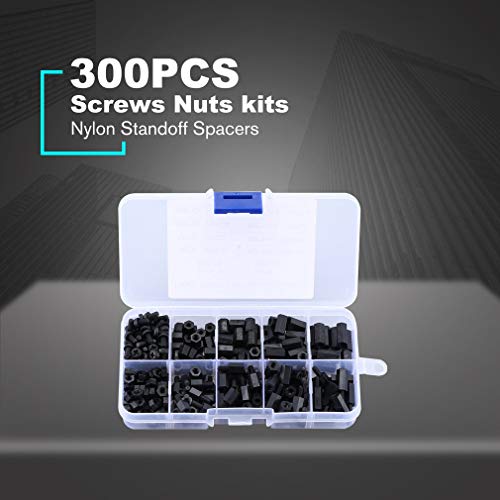 HOMEJIA 300PCS Black M2 Male Female Nylon Hex Spacer Standoff Screw Nut Assorted Assortment Kit with Plastic Box for Electronics