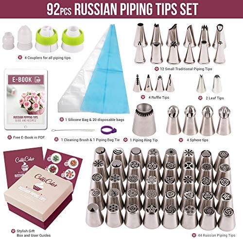 CukkiCakes Russian Piping Tips (92pcs) - Комплект за украса на торти и кексчета: 65 тръбни накрайници + 20 за еднократна употреба тръбни чанти + за многократна употреба тръбопроводен ча