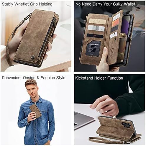 Defencase Samsung Galaxy A32 5G Case, Samsung A32 5G Портфейла Case, Premium Durable ПУ Leather [Magnetic Flip] [Zipper Pocket] [Lanyard Strap Wristlet] [Card Holder] Калъф за телефон Galaxy A32 5G, кафяв
