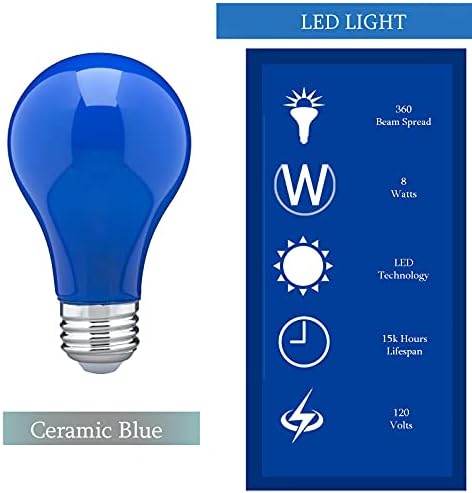 A19 Led цветни крушки Dysmio 8w (еквивалент на лампи с нажежаема жичка, 60 W) A19 Dimmable LED Medium Base 120 Волта Керамични Синя външна и Вътрешна декоративна крушка - опаковка от 4