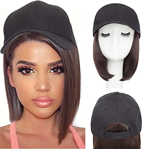 Hairro Hat with Hair Attached For Women Baseball Hat Перука Short Боб Hairstyle Synthetic Straight Adjustable Cap Hair Extensions 6 170g #6A Светло кафяво