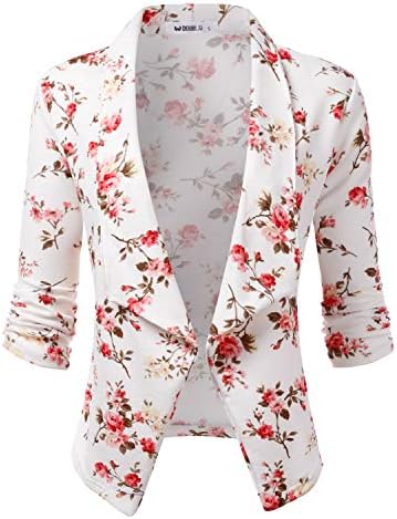 Doublju Womens Casual Work Ruched 3/4 Sleeve Open Front Blazer Jacket with Plus Size