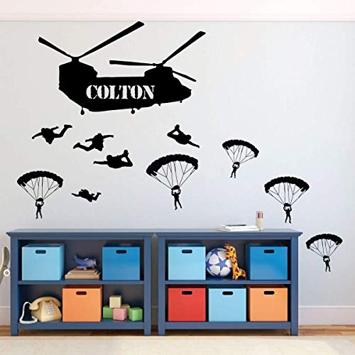 Army Wall Decor - Войници Парашютируют с хеликоптер Chinook - Персонални Vinyl Стикер с името за Детска стая, за деца,