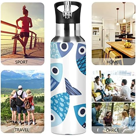 UMIRIKO Сладко Fish Water Bottle Thermos with Straw Капак 20 Oz for Kids Boys Girls, Cartoon Pattern Leakproof, Vacuum Insulated Stainless Steel Double Walled,Thermo Mug, Sports Bottle 20200198