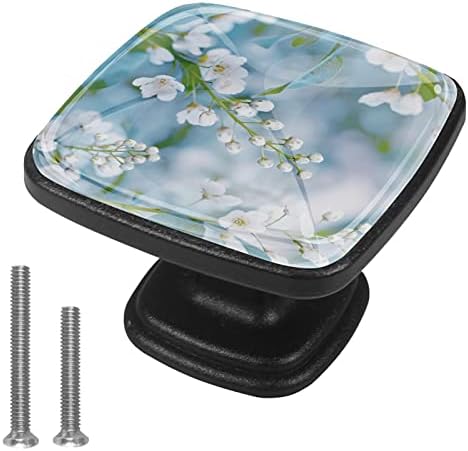 4-Piece Set Cabinet Knobs Beautiful Square Glass Drawer Handles Branch Цъфтяща Bird-Cherry Spring for Drawer ,Cabinet