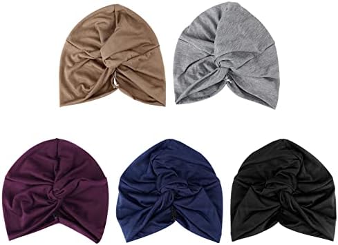 DRESHOW 5 Pack Knotted Headwraps for African Women Turban Pre-Knotted Beanie Headwraps