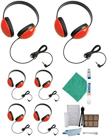 Califone 2800-RD Listening First Stereo Headphones for Kids (червен, 6 бр.) с комплект аксесоари (8 бр)