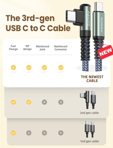 USB C до USB C Супер бързият кабел за зареждане 60 W, [3 бр. 3,3+6,6+10 фута] AINOPE Тип C тип C кабел Под прав ъгъл,