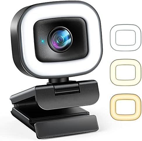 Уеб камера 60FPS с околовръстен подсветка, Автофокус 60FPS, уеб-камера 1080P с двоен микрофон и капак за защита на личните