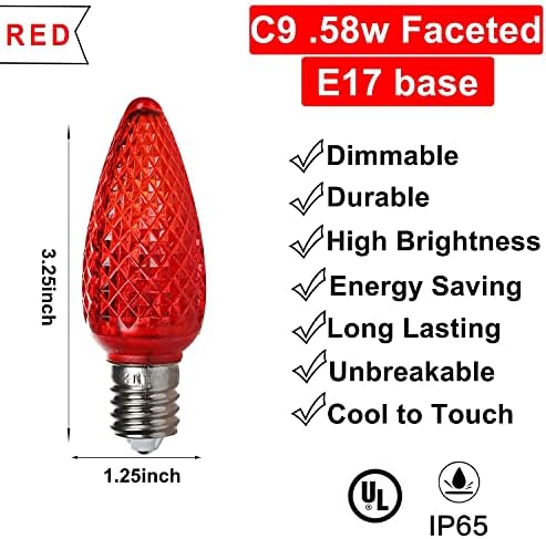 Dimmable UL Изброени IP65 Пакет от 25 Червени Сменяеми Лампи C9 E17 Led Christmas Lights Replacement Bulbs,High Brightness Коледа Replaceme Bulbs for Outdoor Christmas Holiday Decoration (Red)