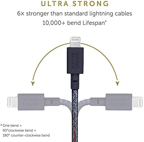 NATIVE UNION Belt Кабел USB-C to Светкавица - 4ft Сверхпрочный Подсилен кабел за зареждане с кожена каишка на [Пфи Certified]