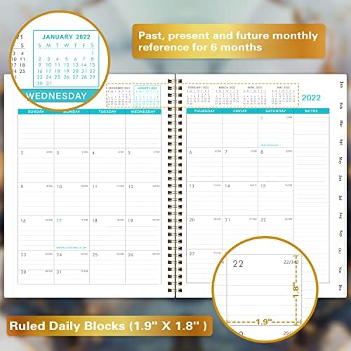 2022 Месечен планер/Календар - 18-месечен списък с раздели и джоб, януари 2022 - юни 2023, Контакти и пароли, 8,5 x 11, Плътна хартия, две метални корици - Black Waterink