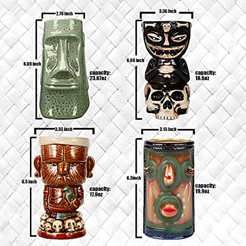 Wued Tiki Mugs Set Големи Керамични Чаши Tiki,Красиви Екзотични Коктейлни Чаши за Бар Mai Tai, Удар, Пина-Колады и Тропически напитки TM401