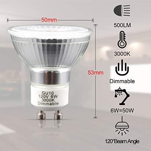 GU10 Led Лампи Dimmable 3000K Топло Бяло, 50 W Халогенни Лампи Еквивалент, 6 W 500 лумена 120 Градуса Ъгъл на Светлина,