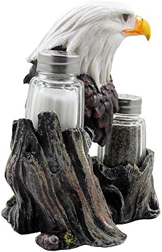 Bald Eagle Glass Salt & Pepper Shakers with Decorative Figurine Display Stand Set for American Patriotic Bar and Kitchen