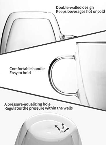 Kanwone Glass Coffee Mugs - 12.5 унция - Комплект двойно стенни изолирани чаши с дръжка, Прозрачни Чаши за Кафе, Идеални