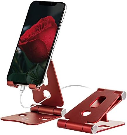 Сгъваема Поставка за мобилен телефон, калъф телефон ToBeoneer за Масата, Регулируема Алуминиева док-станция, Съвместима с iPhone 12 11 Pro XR XS Max 8 7 6 6s Plus Mini iPad Tablet (червен)