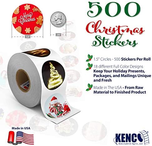 Зимните празнични коледни стикери, 1,5-инчов кръгова печат, 500 етикети за опаковане на подаръци, подаръци и на пощенски пликове. Произведено в САЩ! (Коледа, 1 РОЛКА)