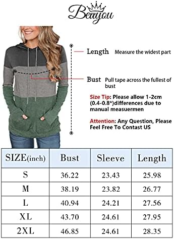 Berryou Color Block Casual Hoodies for Women Long Sleeve Drawstring Pullover Sweatshirts with Pocket Tunic Tops