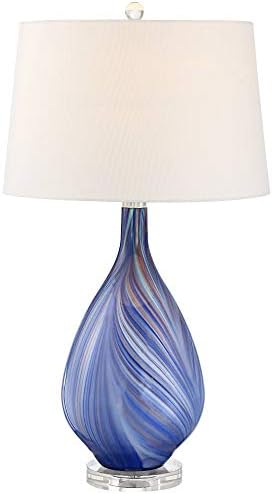 Тейлър Съвременната Модерна Настолна Лампа 29 Tall Сълза Blue Завъртете Art Glass White Metal Fabric Тънки Барабана Лампа
