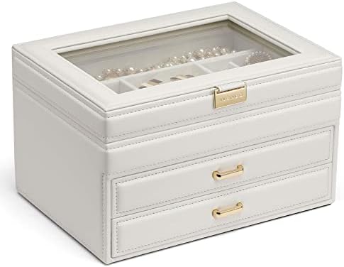 Vlando Medium Jewelry Organizer Box(бяла със стъклен капак)+Rollie Portable Jewelry Roll(сив)