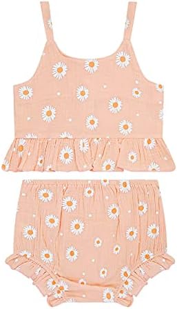 Комплект дрехи за малките момичета с флорални Принтом Лайка, Без ръкави, с Къдри, Блузи, къси Панталони, комплект от 2