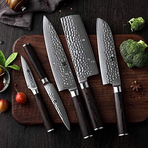 XINZUO 5-Piece Damascus Kitchen Knife Set Japanese Steel, Nakiri Knife Slicing Hammered Forging Damascus Kitchen Knife