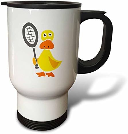 3dRose Смешни Yellow Duck Holding Tennis Racquet Primitive Art Travel Mug, 14 грама, Неръждаема Стомана, Бял