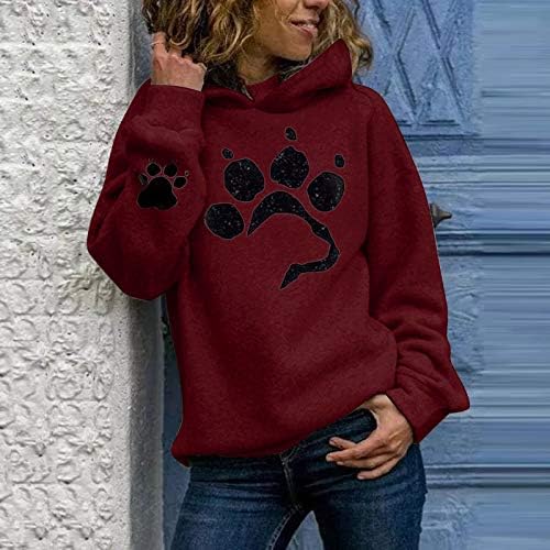 Тениски За Womenwomen's Casual Cat Paw Print Пуловер с Дълги Ръкави и Качулка Тънък, мек вълнен плат Пуловер