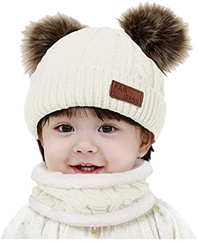 Misaky Baby Boy Girl Зимна Шапка Scarf Set Knitted Warm Fleece Облицовани Skiing Cap Стара Pompom Kids Beanie 0-24 Months