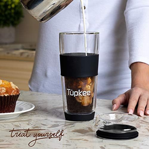 Tupkee Double Wall Glass Tumbler - 14 грама, Изцяло Стъклена Множество Случайна Чаша за Чай/Кафе и Шапка, Ръчно Бластване Стъклена Чаша За Пътуване - Черен